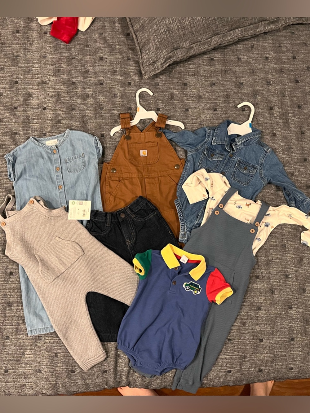 Adorable baby boy outfit bundle-jeans overalls & rompers.12 months